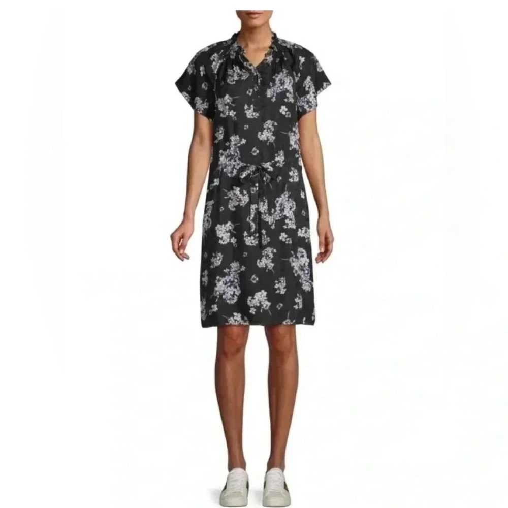 REBECCA TAYLOR Black Silk Floral Hydrangea Button Up Mock Neck Dress Size 8